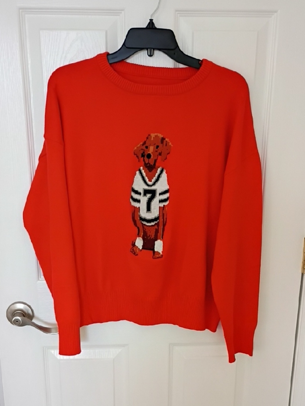 Women's Red Crewneck Sweater with Dog Graphic